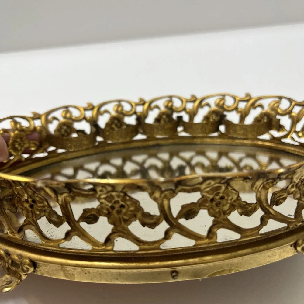 Vintage Gold-Tone Filigree Oval Mirrored Vanity Tray W/ Lipstick Holders Footed